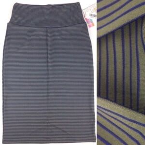 LULAROE Cassie Skirt Pencil Fitted Striped Olive Navy Blue Stretchy Size XS NWT